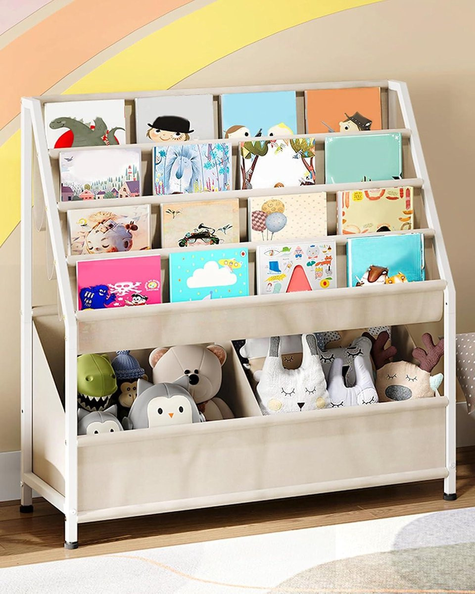 Kinder Boekenplank met speelgoedvakken - Wit Beige - Breedte: 845 cm