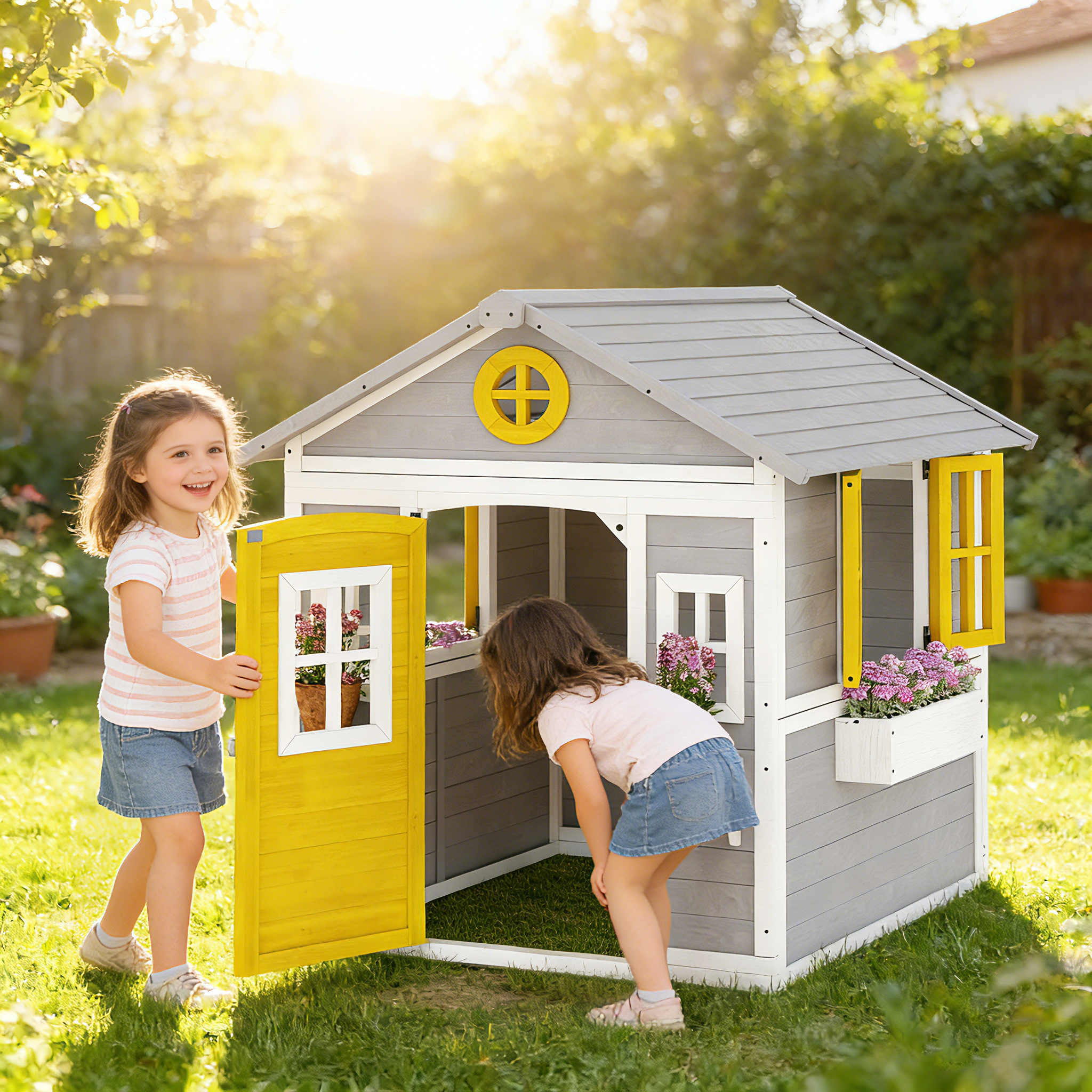 Outsunny Casetta bambini legno con porta, finestre e fioriere, Grigio   Aosom Italy