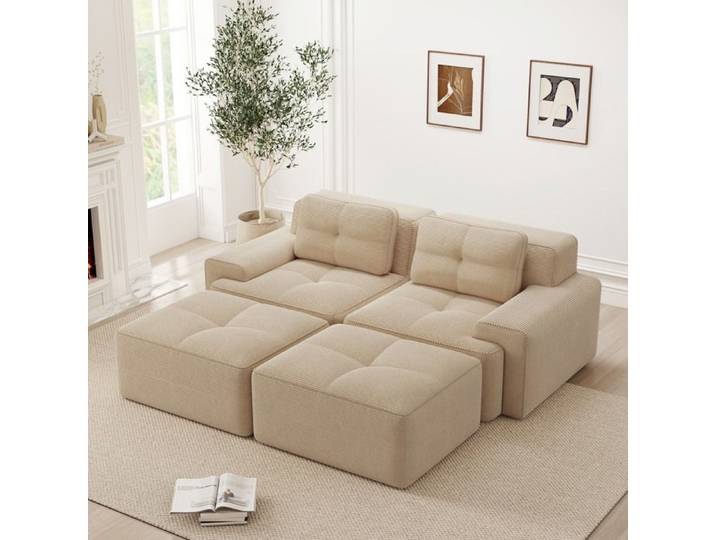 Canapé-lit modulaire cloud Boneless canapé en U Canapé modulaire équipé de ottoman Canapé velours côtelé-Cloud confortable Beige