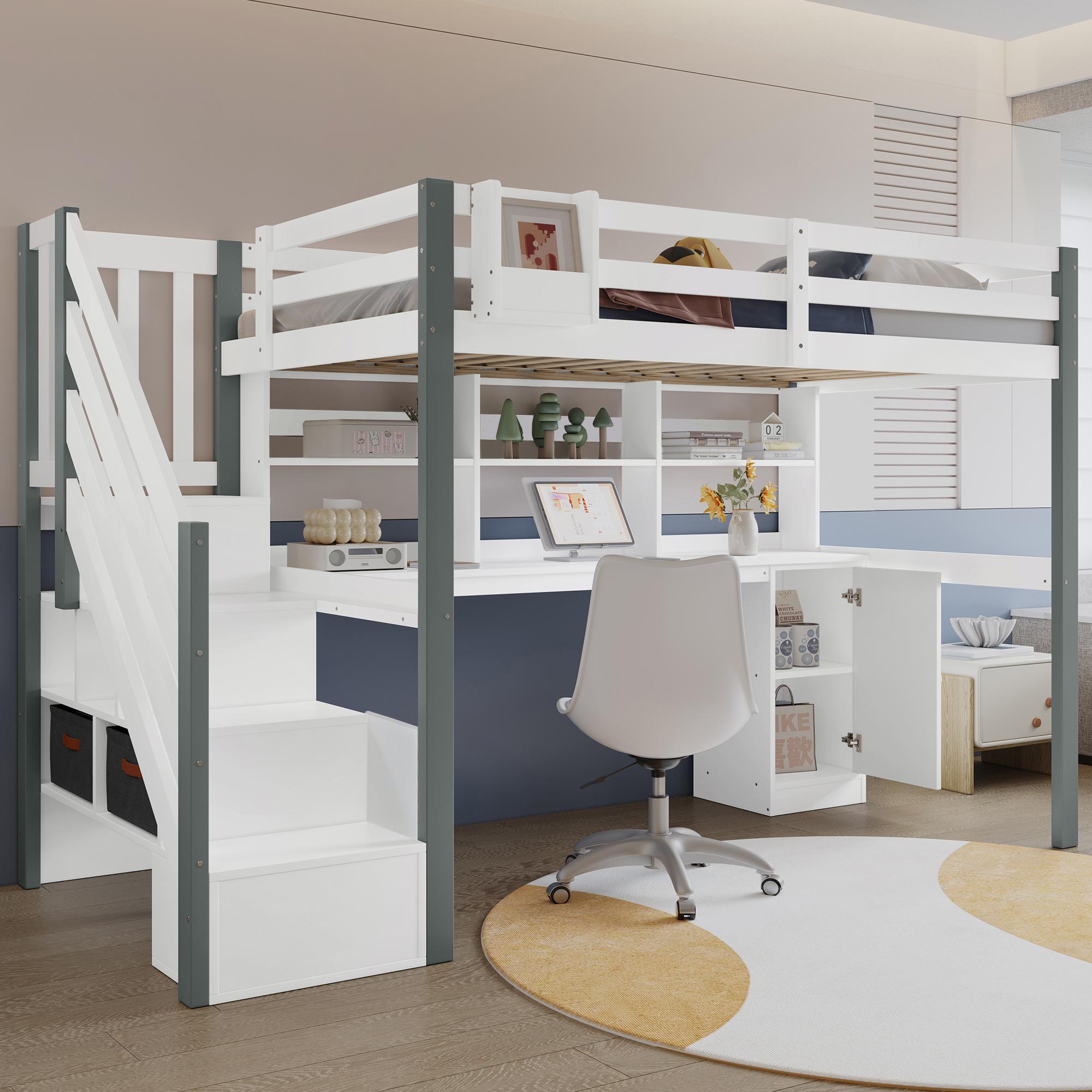 Halbhohes Bett, Mit Stoff-Aufbewahrungsbox, Reichlich Stauraum, Mit seitlicher Leiter, Offenes Regal, Jugendbett mit Schreibtisch und Schließfächern