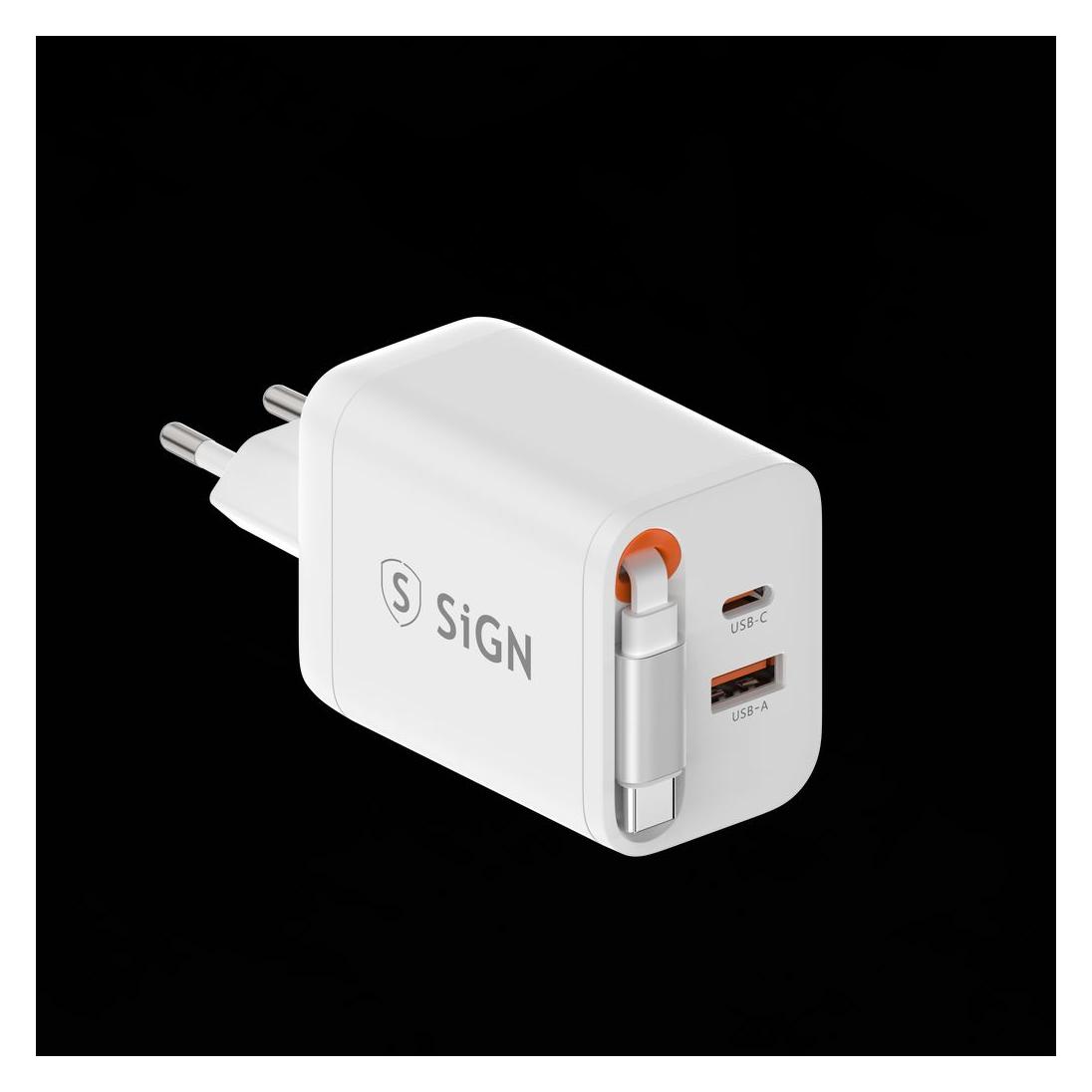 Nextbatt SiGN GaN Wandladegerät USB-C/USB-A 40W mit einziehbarem USB-C Kabel - Weiss (40 W) (SN-TC-40W)