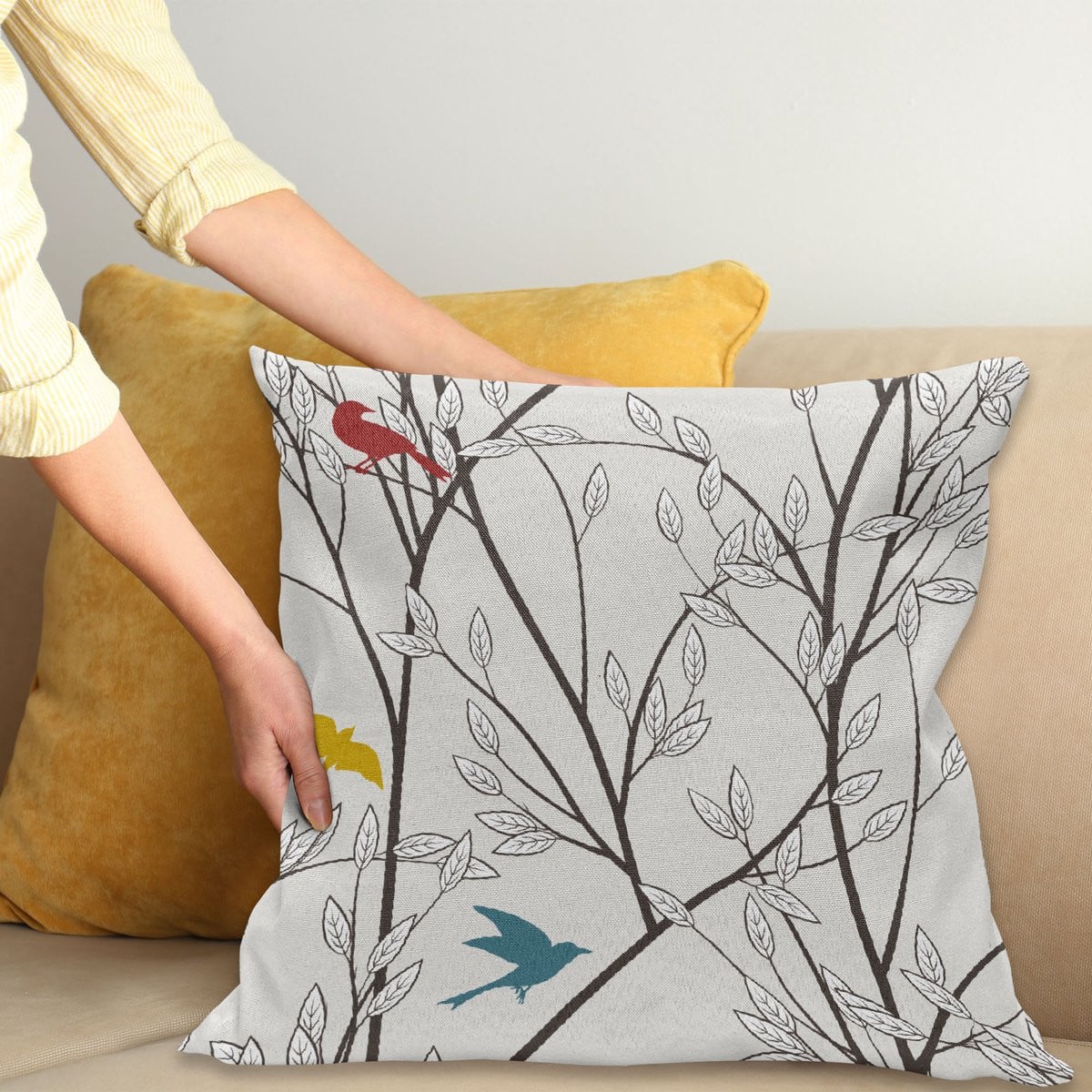 ABAKUHAUS Kussenhoes Vogels Wilde Dieren Cartoon, Dubbelzijdige Print met Ritssluiting, 40 x 40 cm, Mosterd