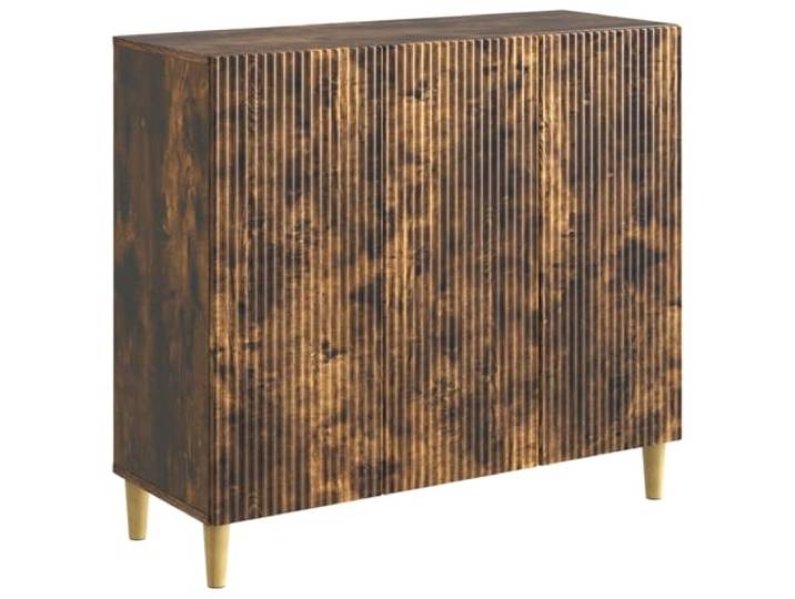 KPOTUERTU Sideboard Räuchereiche 89 x 34,5 x 80 cm Holzwerkstoff Verstellbare Bretter, 90°-Pendeltüren, konische Beine, Holzfinish, feuchtes Tuch
