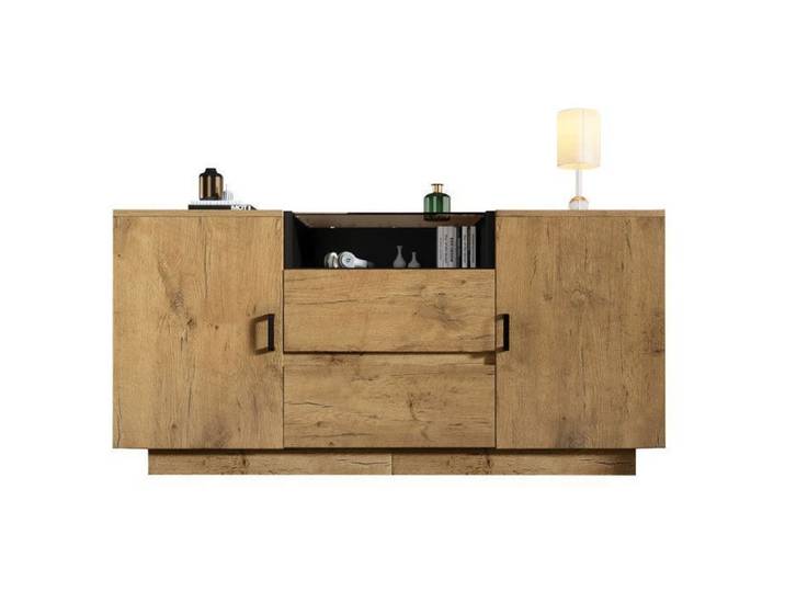 Enfilade de Rangement 140cm Buffet Moderne avec 2 Tiroirs + 2 Armoires + Compartiment Ouvert Enfilade Élégante H70cm