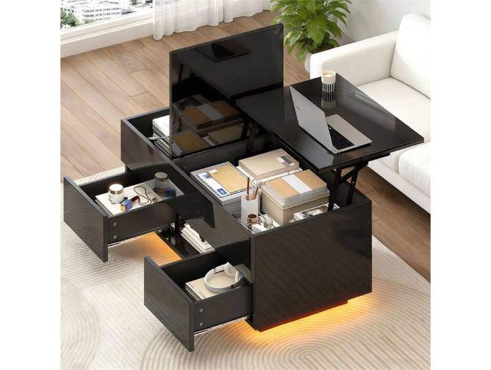 table basse relevable table D'appoint brillante avec LED table de canapé table basse table de salon avec rangement caché noir