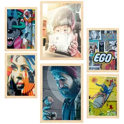 POSTER Set Mit 6 Bunte Graffiti Straßenkunst Schablone A3 & A4 Rahmen Aus Hellem Holz