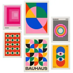 POSTER Set Mit 6 Bauhaus – Geometrische Formen In Leuchtenden Farben A3 & A4 Weißer Rahmen