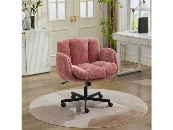 COVREO chaise de bureau pivotante en chenille rose réglable en hauteur 360° accoudoirs relevables à roulettes