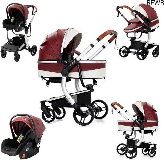 Kinderwagen 3-in-1 für Babys aus Kunstleder - Praktischer Combi-Kinderwagen mit Opvougbarem Set und Verstellbaren Funktionen