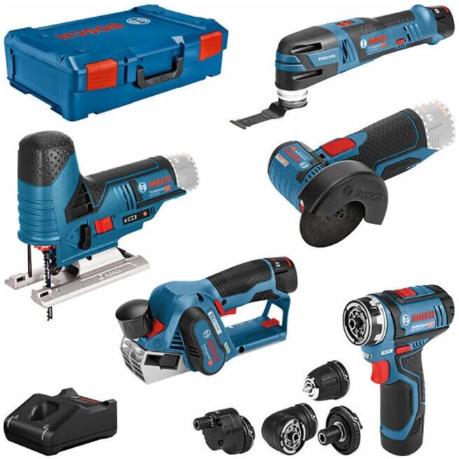 BOSCH Lot de 5 outils 12V : GSR + GOP + GHO + GWS + GST + 3x GBA + GAL + XL-BOXX (0615A0017D)