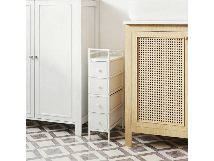 HOMCOM Commode 4 Tiroirs Tissu Acier Blanc Petite Chambre