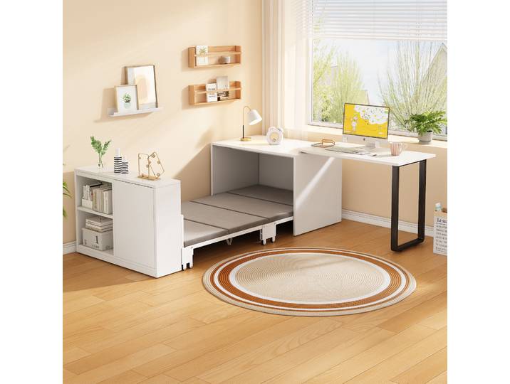 Lit pliant 2 en 1 avec fonction bureau, cadre métallique gain de place avec rangement pour matelas enroulable, blanc