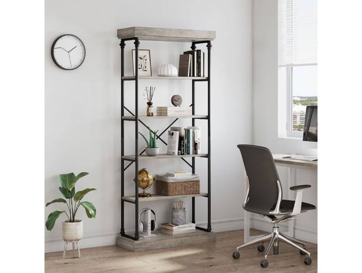 Bibliothèque à 5 Niveaux étagère en Bois et Cadre en Acier Stable 80x30x187CM Étagère de Rangement- Gris