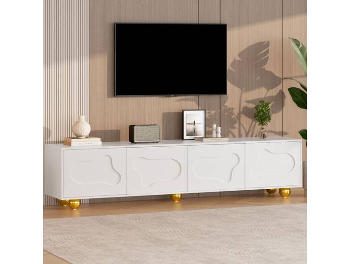Meuble TV avec 4 portes Armoire de télévision en forme de nuage Meuble TV moderne 180x40x45cm Pour salon Jusqu'à 60 kg Blanc