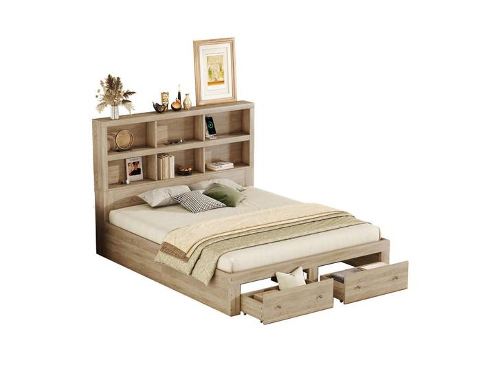 Okwish Doppelbett 160/200 cm Natur Kingsize-Plattformbett mit Stauraum und USB-Ladeanschluss, Naturfarben, 160x200 cm, Schlafzimmer, Betten