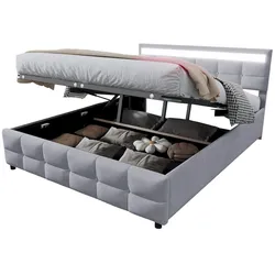 Polsterbett 180x200 mit Hydraulischem Stauraum, LED-Beleuchtung und stabilem Lattenrost – Komfortabel und elegantes Design in Grau