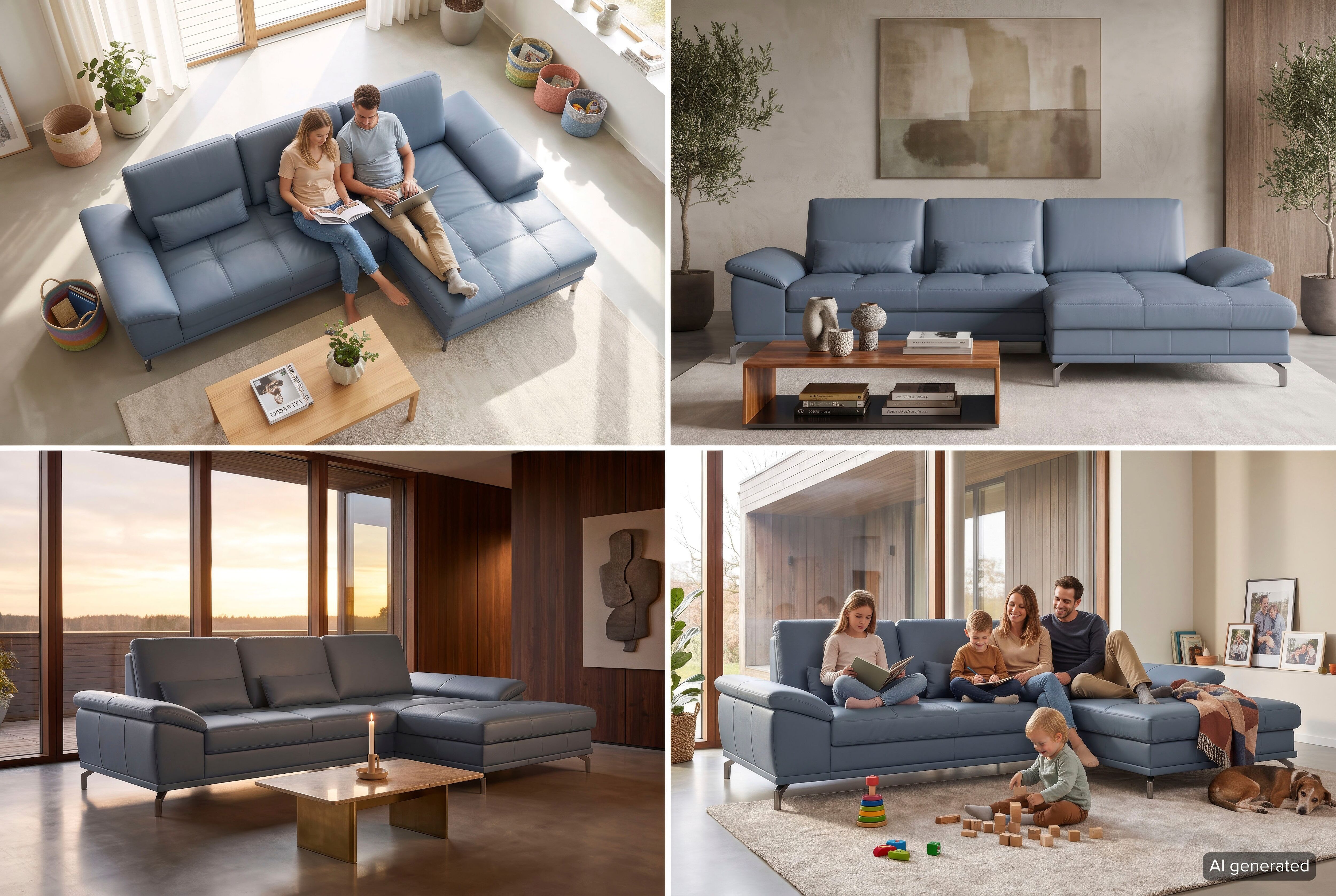 Ecksofa GOODPRODUCT "Costello L-Form, Sitztiefen- & Armteilverstellung, 3 Nierenkissen", blau (graublau), B:301cm H:89cm T:176cm, Luxus-Microfaser (90% Polyester, 10% Polyamid);Samtoptik (100% Polyester), Sofas, Ecksofa, mit Schlaffunktion & Stauraum, Fed