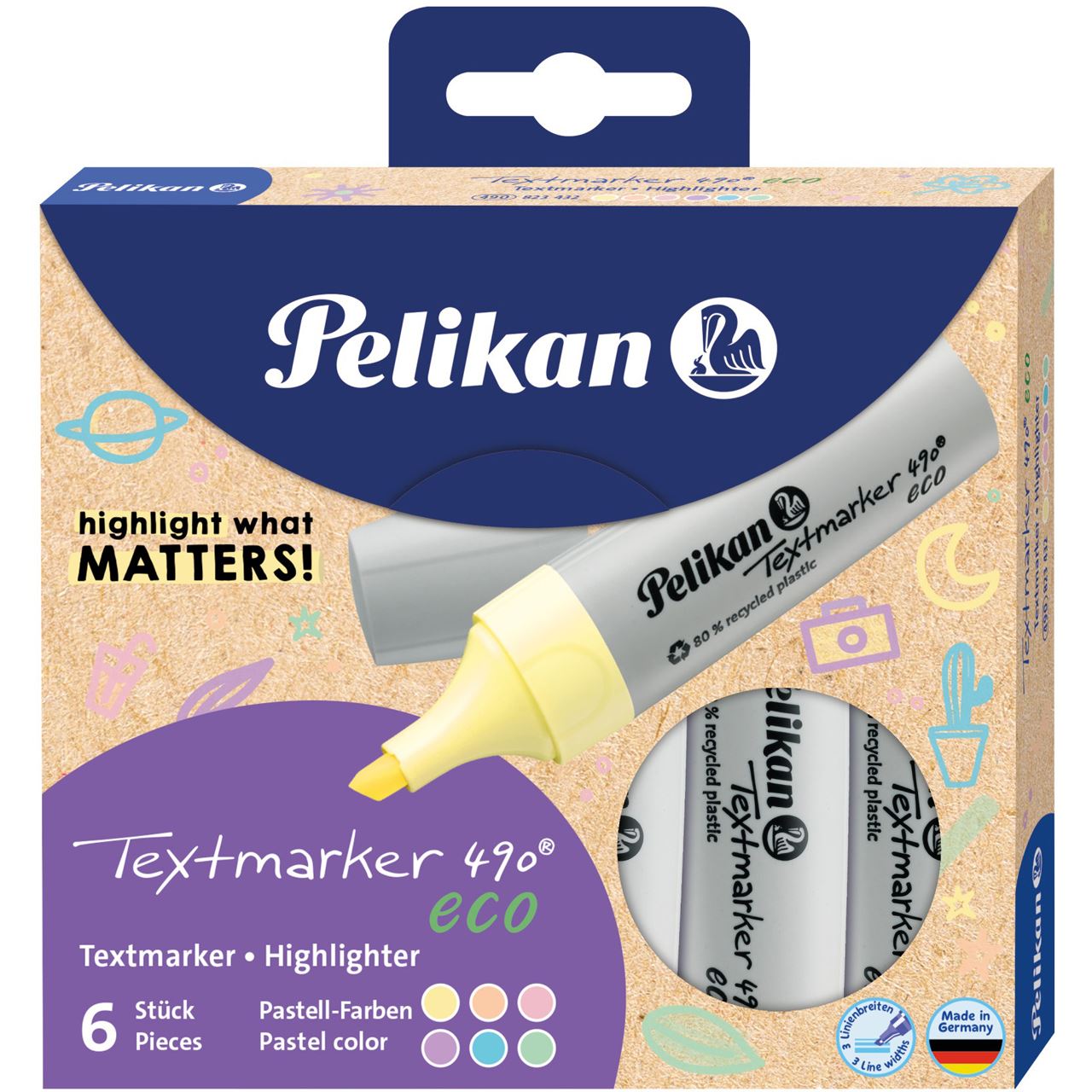 Pelikan Textmarker 490 eco Set aus 6 Pastell-Farben im Etui