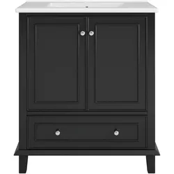 MODFU Freistehender Badezimmerschrank aus MDF/Keramik in Weiß/Schwarz, 73x45x87 cm, mit Waschbecken