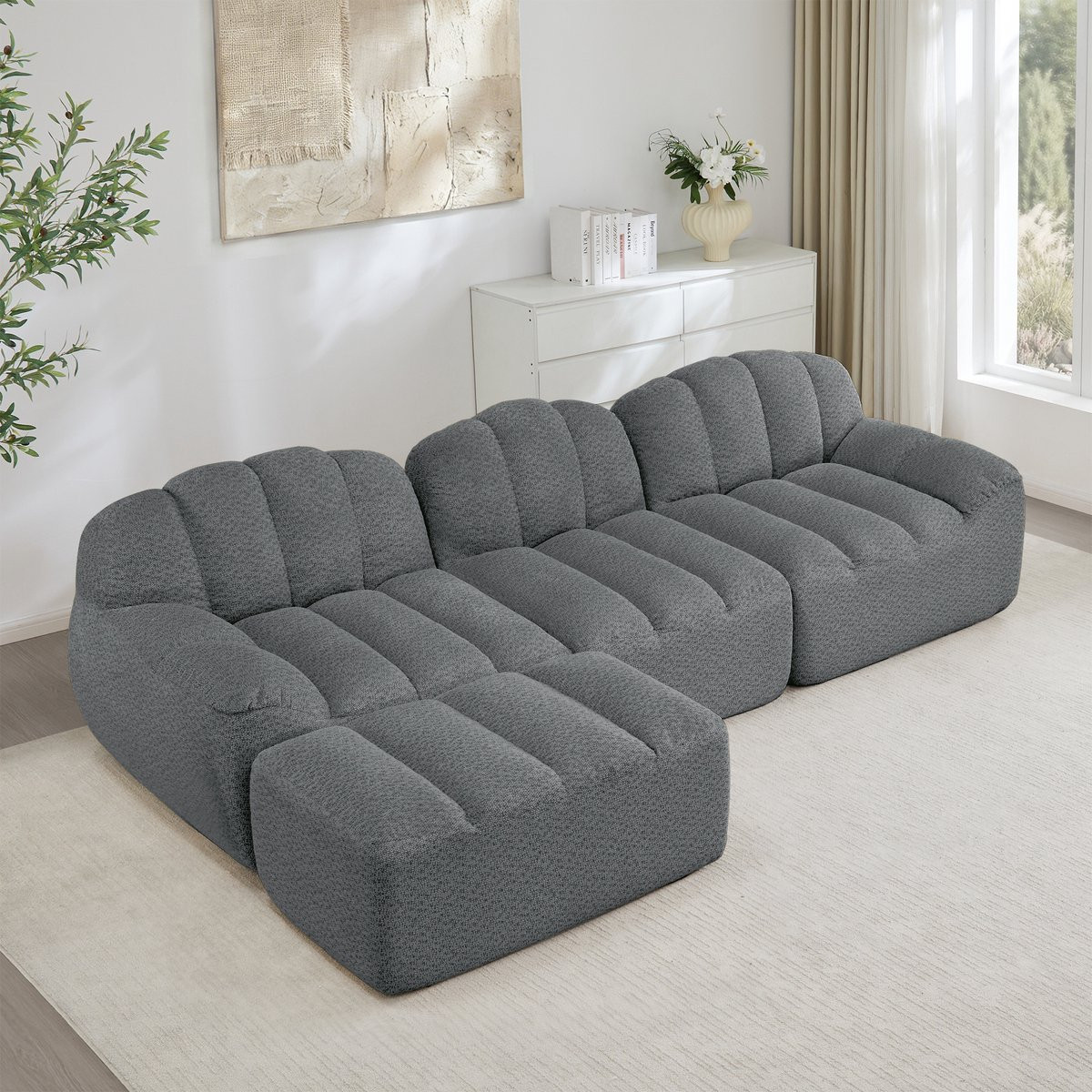 L-Bank Hoekbank L-vormige Modulaire 3-Zitsbank met Poef, Grijs