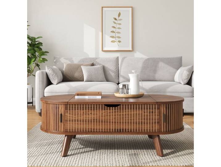 Table Basse Ulsam Ovale Relevable 110x50x38 5 cm en MDF pour Salon avec Coffre 2 Portes Coulissantes et Façade Rainurée - Noyer