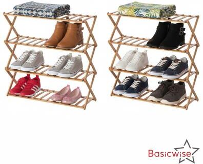 Basicwise Set of 2 Foldable Bamboo Shoe Rack and Storage Shelf Multi-Purpose Wooden Organizer