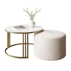 COUCHTISCH mit Hocker LORI GLASS gebürstetes Gold/weißes Glas/Perfect Harmony 01