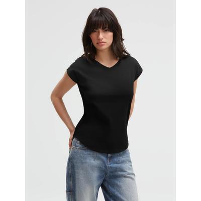 V-Shirt SOCCX, Damen, Gr. M, schwarz, Web, Material: 100% Baumwolle, unifarben, regular fit normal, V-Ausschnitt, angeschnitten, Shirts, mit überschnittener Schulter