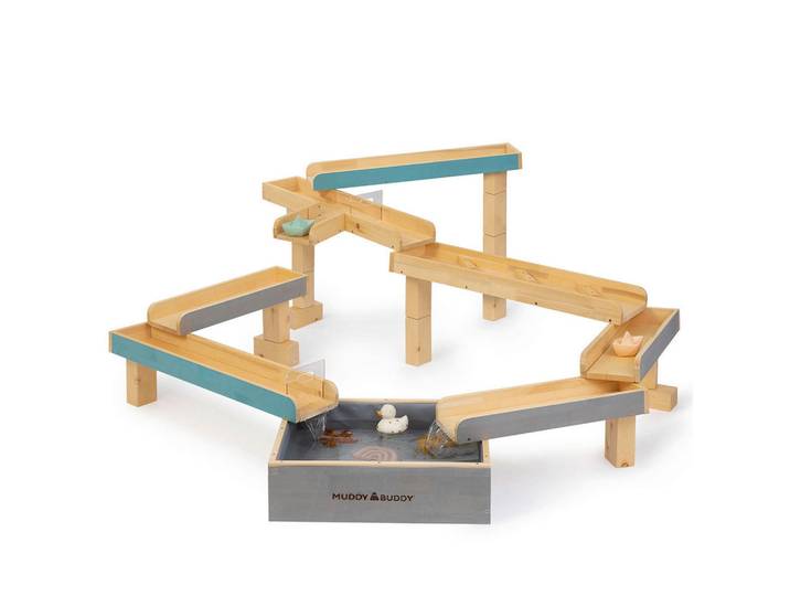 Muddy Buddy Wasserbahn, Grau, Naturfarben, Petrol, Holz, Zypresse, massiv, EN 71, FSC 100%, Freizeit & Co, Gartenspielzeug, Wasserspielzeug