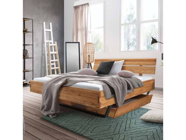 Bett Verbena Komfort Wildeiche Massivholz mit Schubkasten 180x200cm industrial, Mit Kopfteil höhenverstellbar