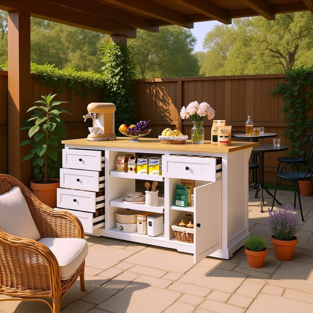 Urban Meuble Table d extérieur blanc et bois avec rangements intégrés Blanc 150x76x65cm