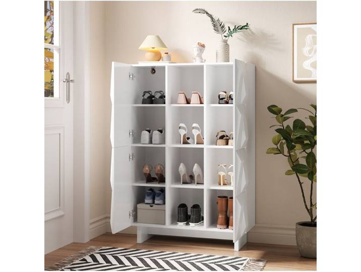 ROVRYN Meuble à chaussures vitrine 4 portes 12 compartiments panneaux de particules blanc