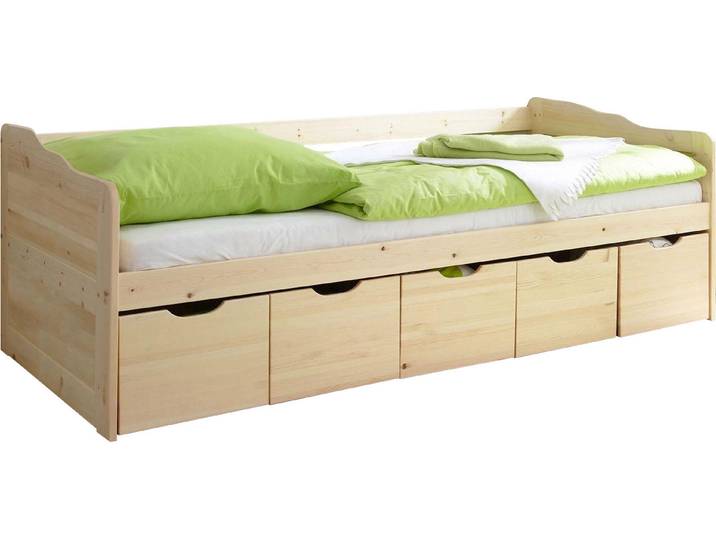 Funktionsbett TICAA Maria , beige (kiefer massiv natur), B:96cm H:69cm L:204cm, Daybetten, Funktionsbett, mit 5 Schubkästen, wahlweise mit Matratze