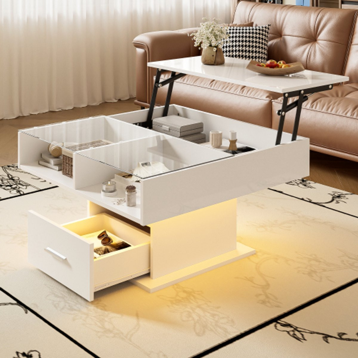 Multifunctionele hoogglans lifttafel met ledverlichting en verstelbare hoogte in wit