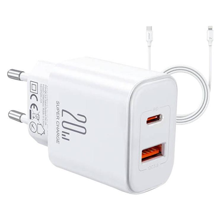 Joyroom JR-TCF05FlashSeries20WA+CDual-PortCharger-White(EU)+CtoLCable1m-White (20 W, 2 Ports) (JR-TCF05)
