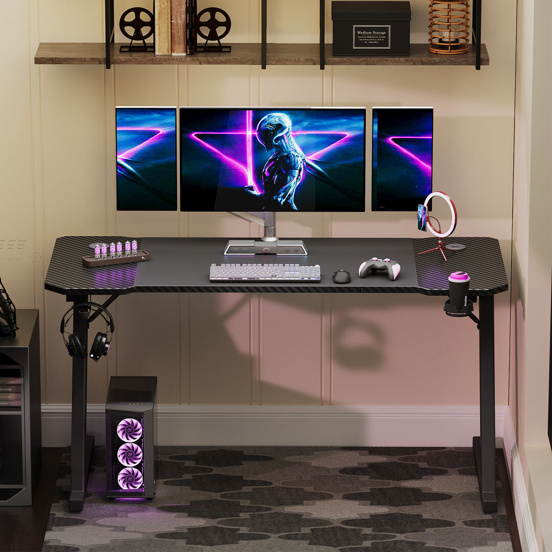 Latitude Run Ergonomic Black Gaming Desk PC Computer Desk Home Office With Headphone Hook Black 75cm H x 140cm W x 60cm D