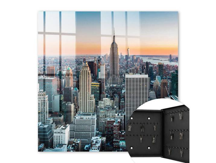 Tulup Schlüsselbox Schwarz 30x30 cm- Türöffnung nach rechts - Stadtpanorama, Grau, Metall, Gestreift, Rechteckig, 30x30x5 cm, Garderobe, Schlüsselkästen & Schlüsselboards