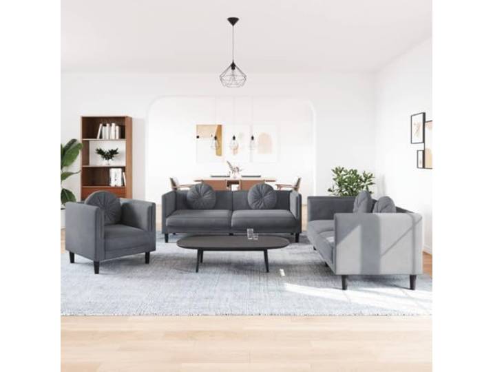 HEFZGDB 3-TLG. Sofagarnitur mit Kissen Dunkelgrau Samt – Weiches Samtsofa mit dick gepolsterten Sitzflächen und runden Zierkissen für optimalen Komfort, stabile Stützbeine