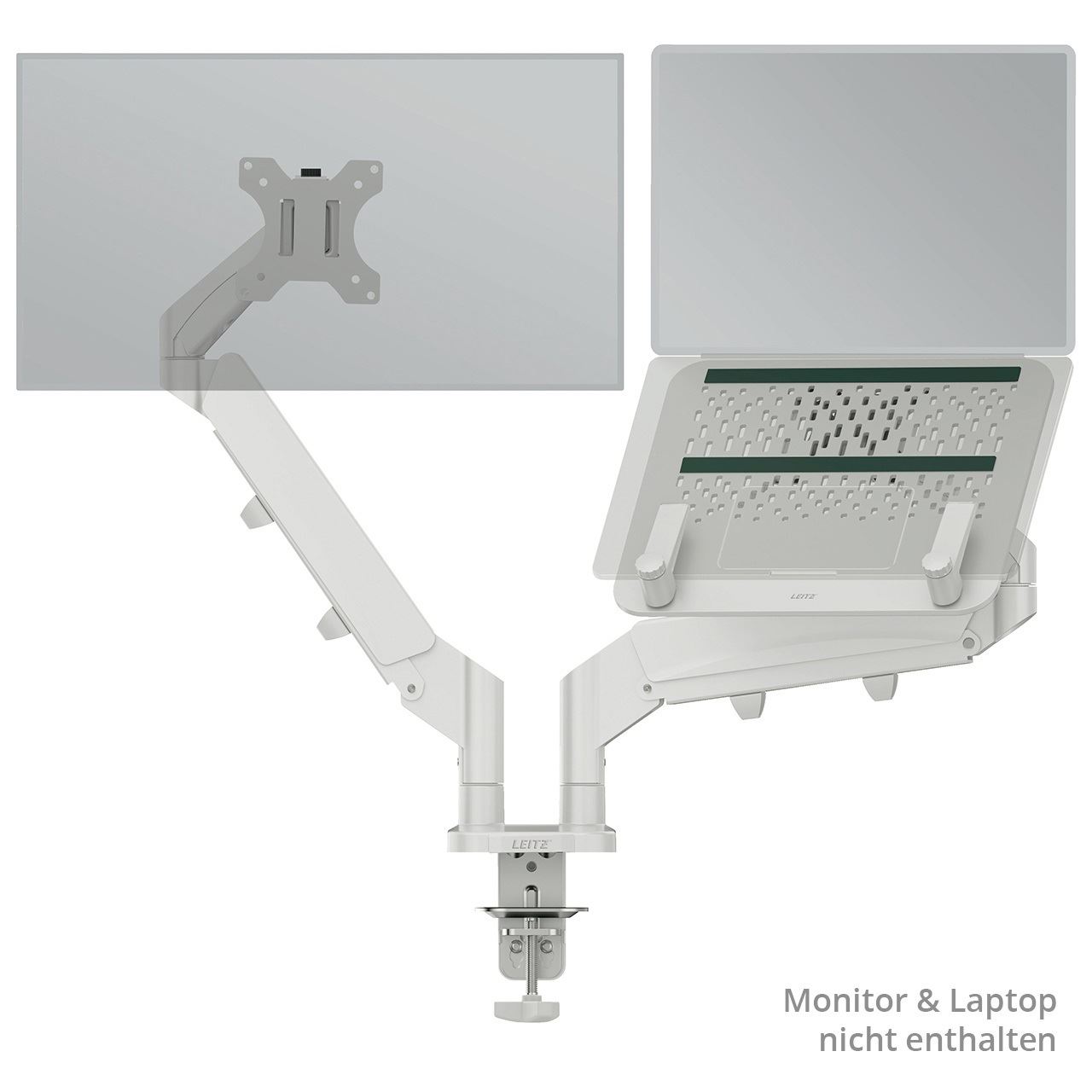 LEITZ Laptop-Monitor-Halterung Ergo 65380085 lichtgrau für 1 Monitor und 1 Laptop, Tischklemme