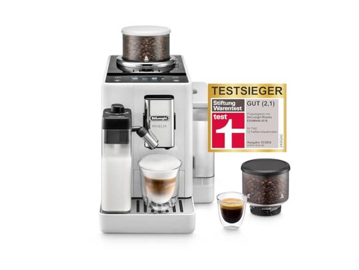 De'Longhi Rivelia - Kaffeevollautomat 16 Getränke Weiß Kaffeemaschine mit LatteCrema Hot-Milchaufschäumer, Farbdisplay, Wechselbare Bohnenbehälter, EXAM440.55.W