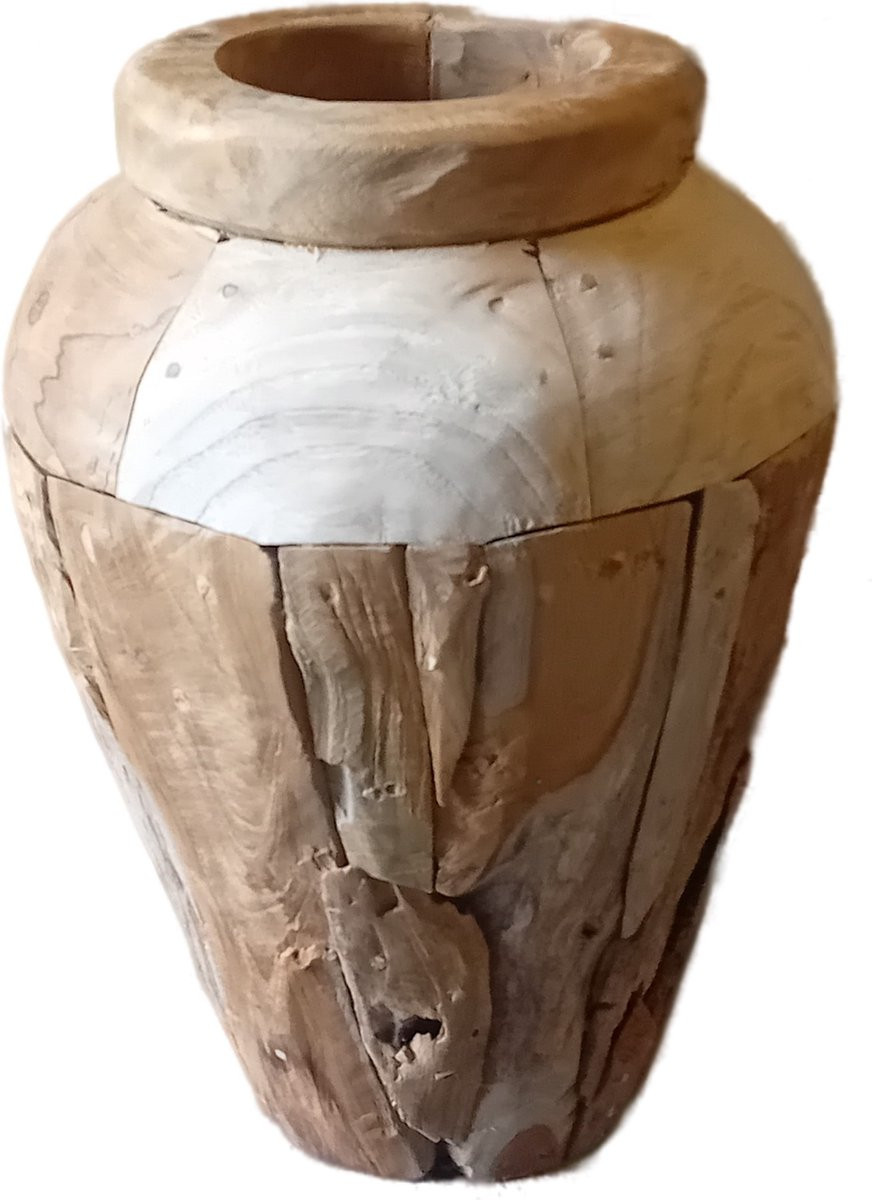 Koloniaal Teakhuis Decoratieve Vaas van Hergebruikt Teak, Klein, Hoogte: 40 cm