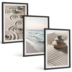 BILDER SET 3er Set - 40x60 cm Schwarzer Rahmen - Wellen, Sand, Wasser, Steine, Strand