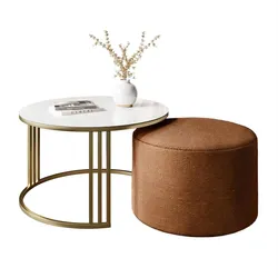 COUCHTISCH mit Hocker LORI GLASS gebürstetes Gold/weißes Glas/Perfect Harmony 52