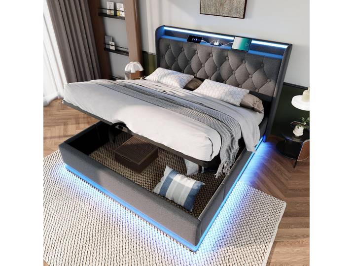 STILVORA Polsterbett 140x190cm mit 360-Surround-LED-Funktion,Doppelbett mit mit USB Typ-C Ladefunktion,Hydraulisches Lagerbett, gepolstertes Kopfteil,PU-Material (Ohne Matratze), Grau