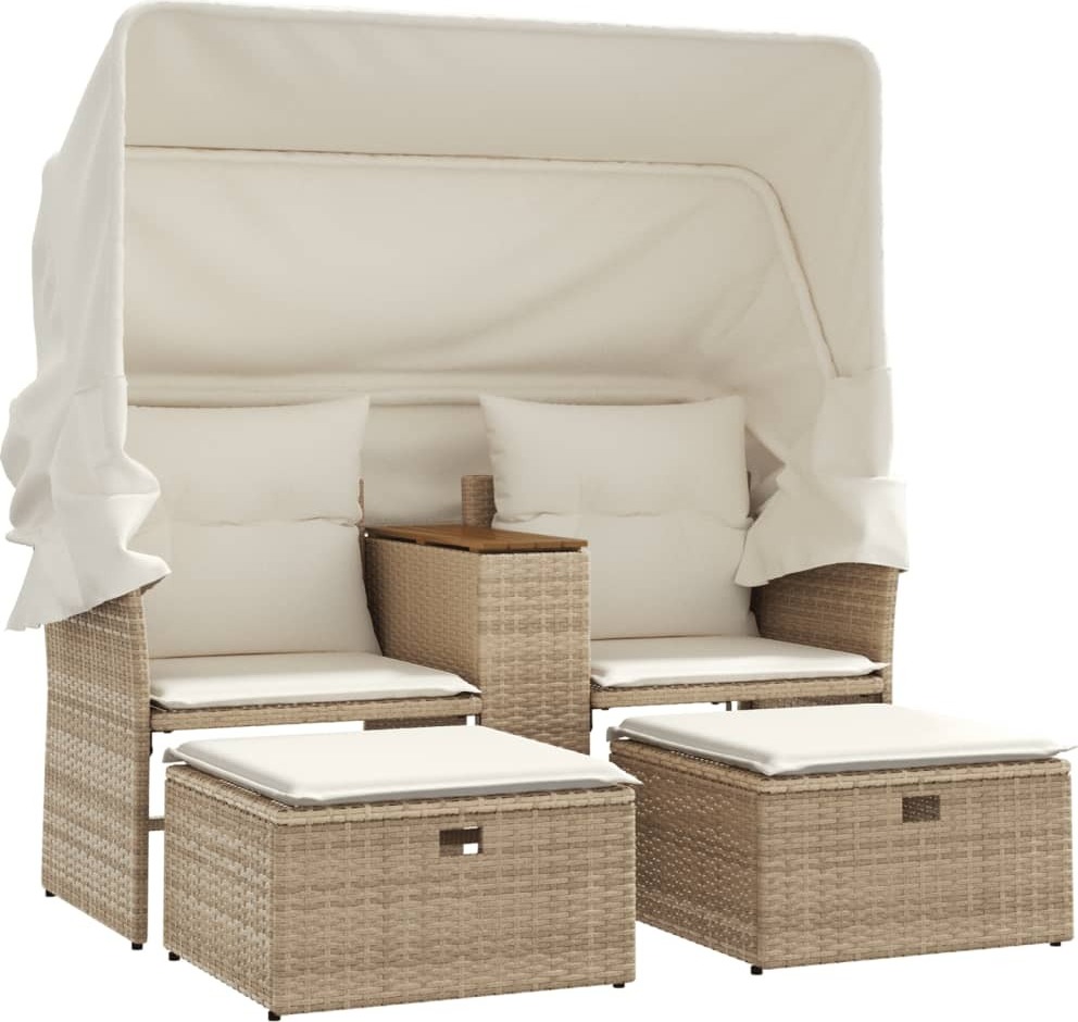 Gartensofa 2-Sitzer mit Dach und Hockern Beige Poly Rattan