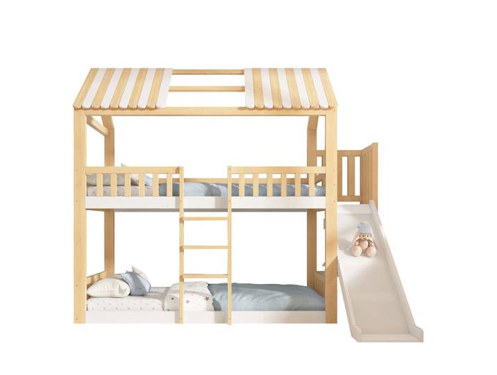Okwish Etagenbett 160/200 cm weiß/natur aus Holz mit Giebeldach, Naturfarben, 90x200 cm, Babymöbel & Kindermöbel, Kinderzimmer & Jugendzimmer, Stockbetten
