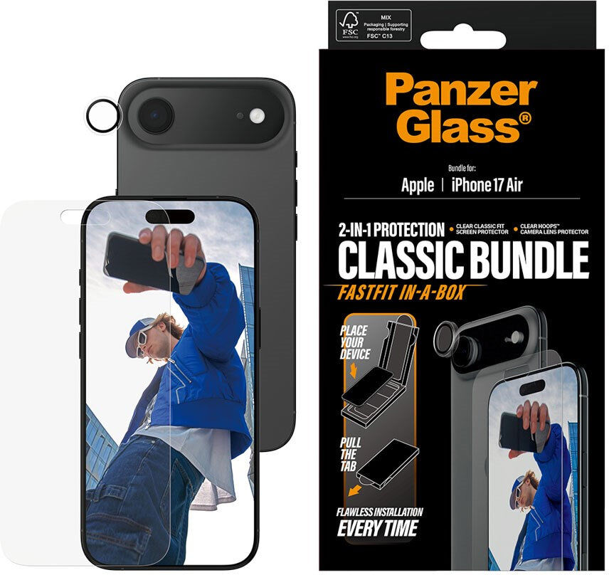iPhone Air PanzerGlass 2-in-1 Classic Bundle m. Classic Fit Skærmbeskyttelse & Hoops Kameralinsebeskyttelse - Gennemsigtig