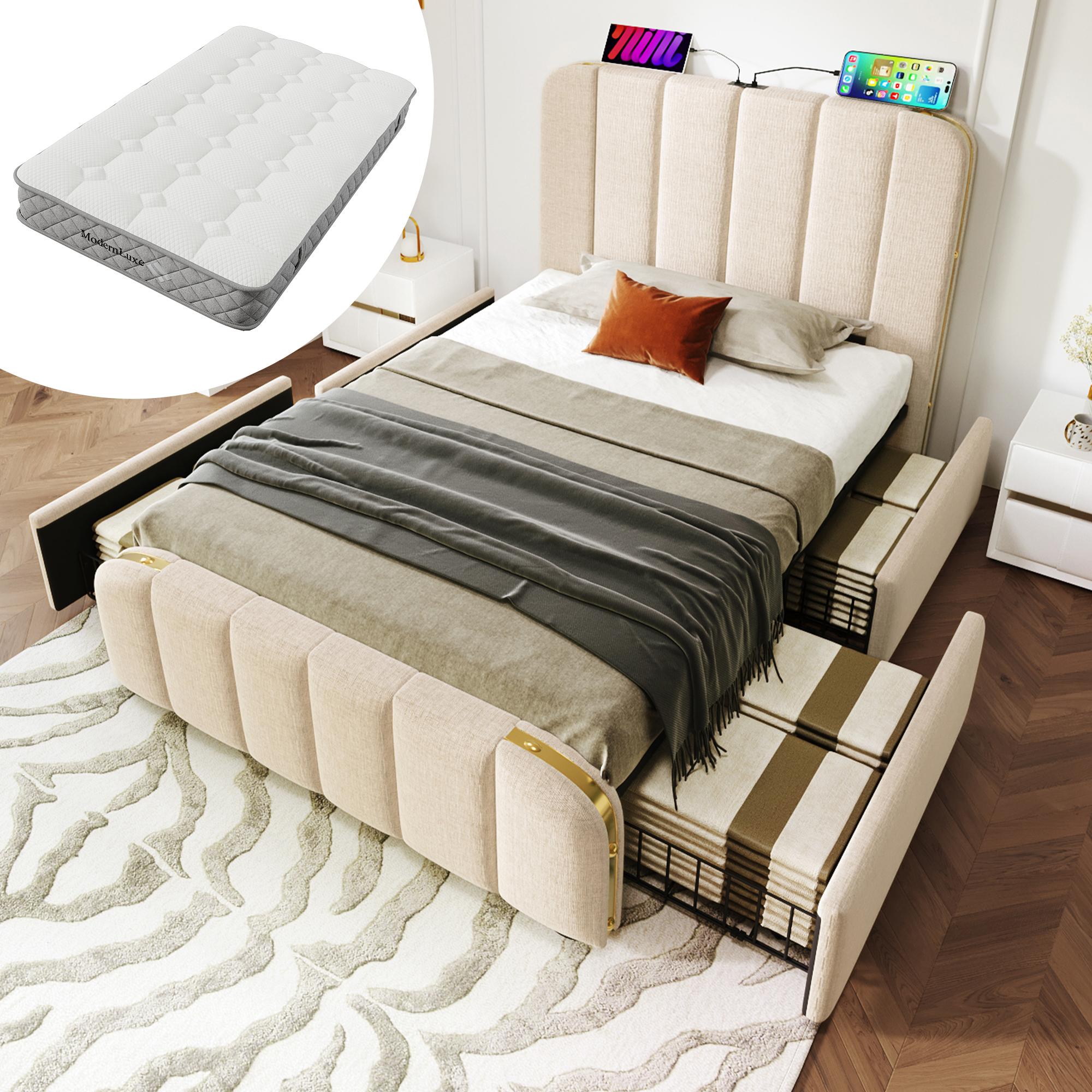 Polsterbett Einzelbett, gepolstertes Kopfteil mit goldenen Zierstreifen und ,USB Typ-C Ladefunktion 90*200 cm