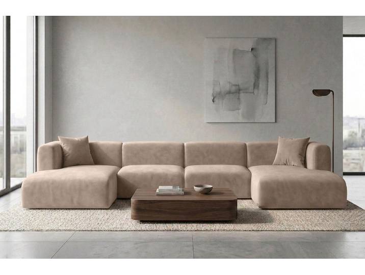 Kaiser Möbel Ecksofa U-Form, Velvet-Stoff Bluvel, Latte, GRETA