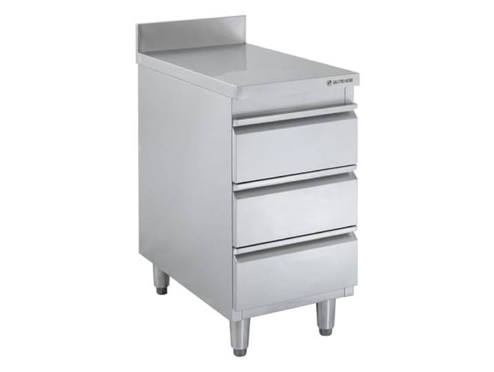 GastroHero Edelstahl Schubladenschrank Basic 400x600 mm mit 3 Schubladen – AISI 201 Chrom-Nickel-Stahl, voll aufgebaut, für Gastronomie und Großküche (400 x 600 x 850 mm, mit Aufkantung)